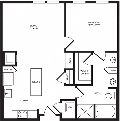 Floor plan for 1 bed, 1 bath, 886 sqft